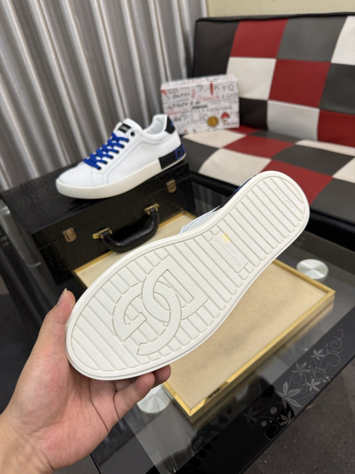 Dolce & Gabbana White Low-Top Sneakers with Blue Laces