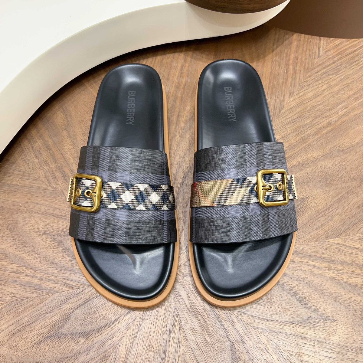Plaid Buckle Slide Sandals